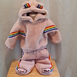 Cozy Pink Fleece Kids Outfit with Rainbow Stripes, very good condition, 6M, warm
